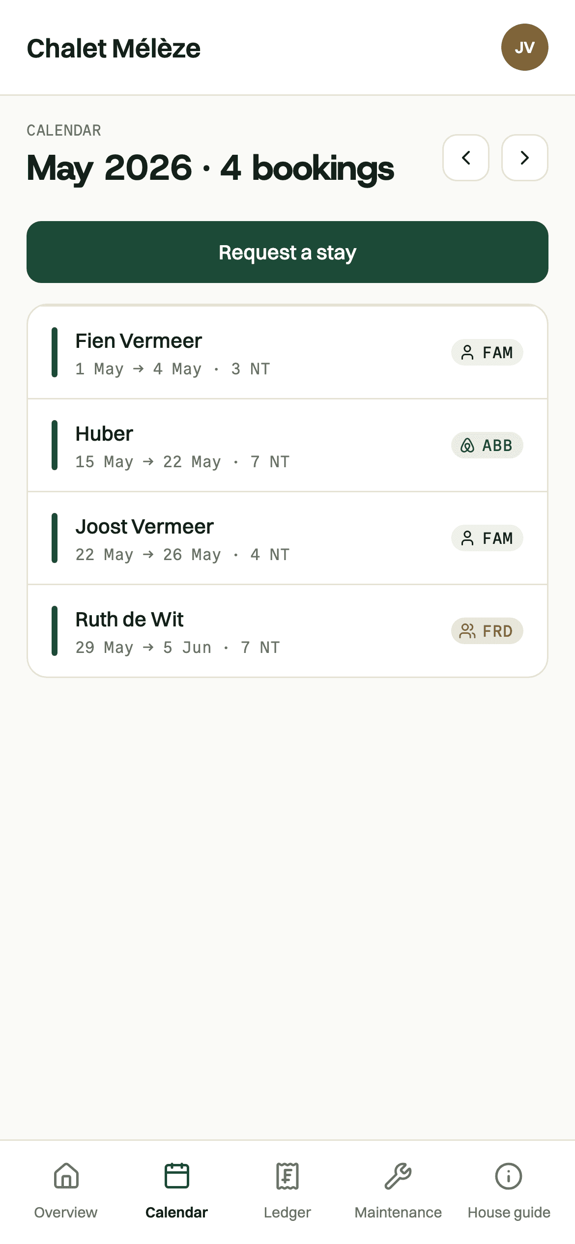 The calendar at phone width as a list of May's four bookings, each with the guest's full name, dates, nights and a tag: family, Airbnb or friends.