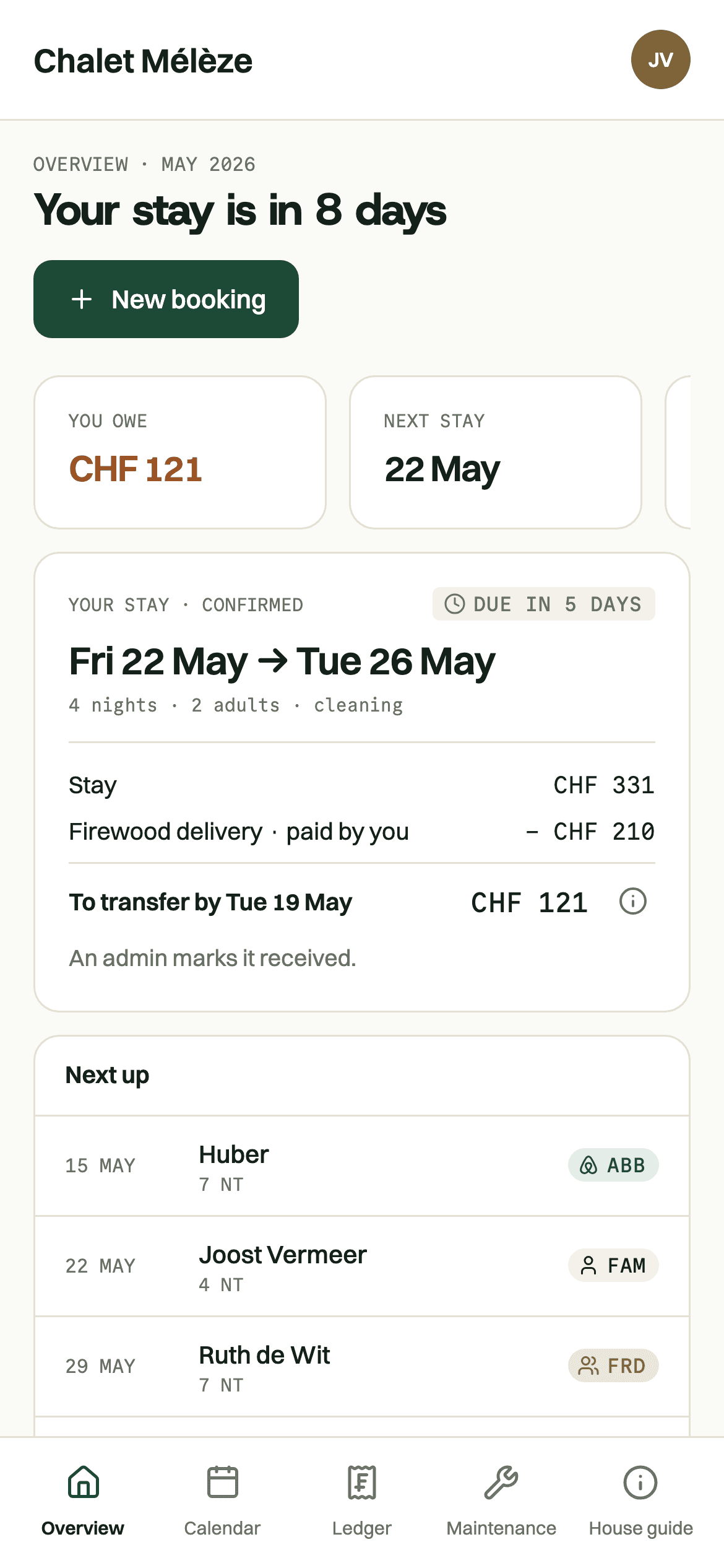 The member Overview at phone width: CHF 121 owed, the stay at CHF 331 less CHF 210 for firewood, to transfer by 19 May, with the next stays below and a tab bar at the bottom.