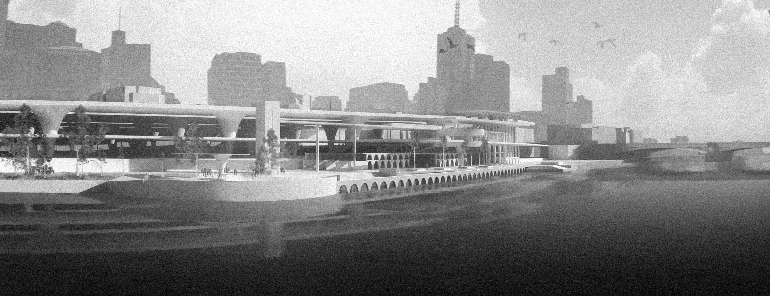 Flinders St Water Reclamation Facility — render from the river, black and white