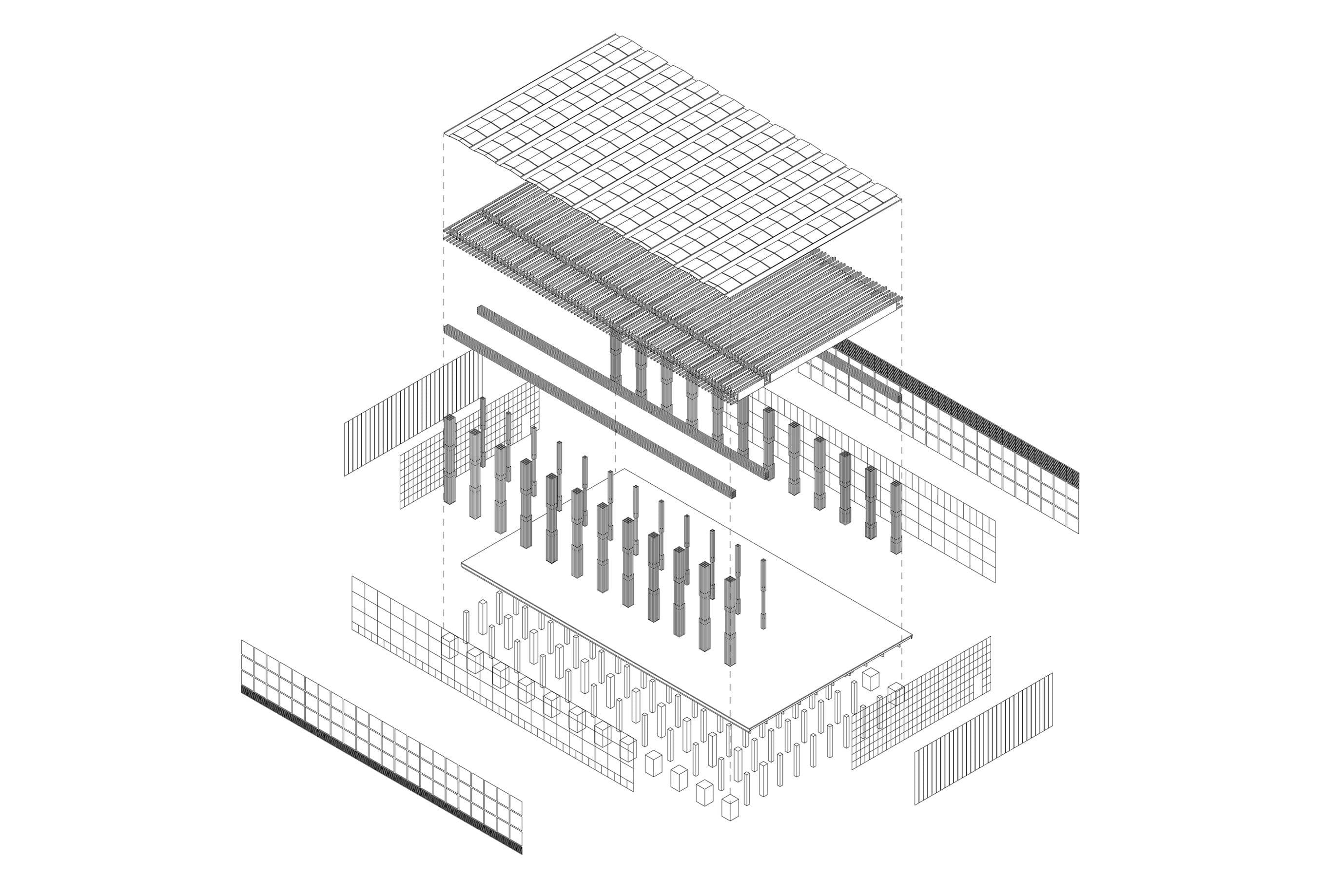 Abbotsford Scout Hall — exploded axonometric of the timber structure