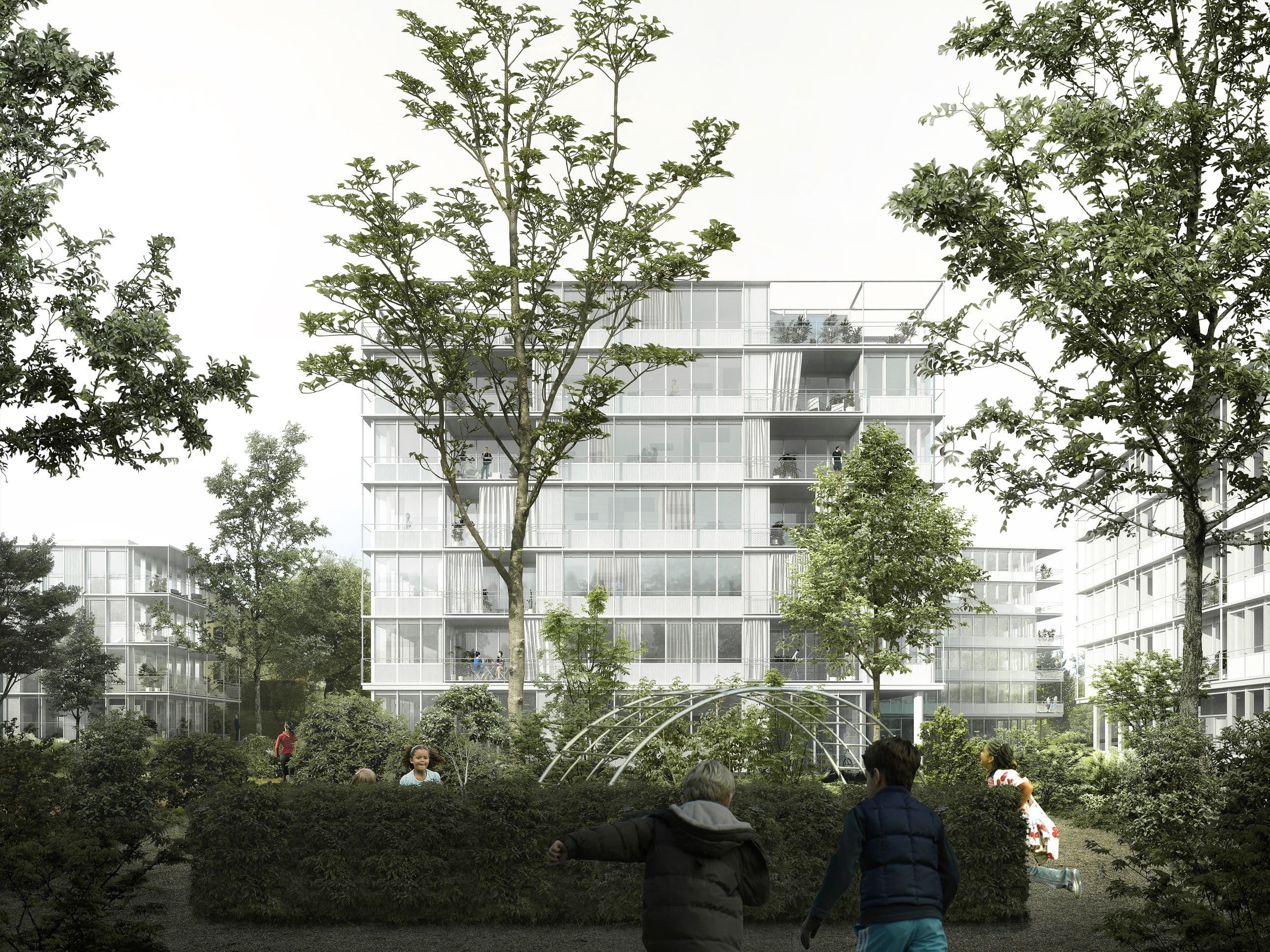 Ersatzneubau Wohnen Tannenrauchstrasse, Zürich — render through the garden