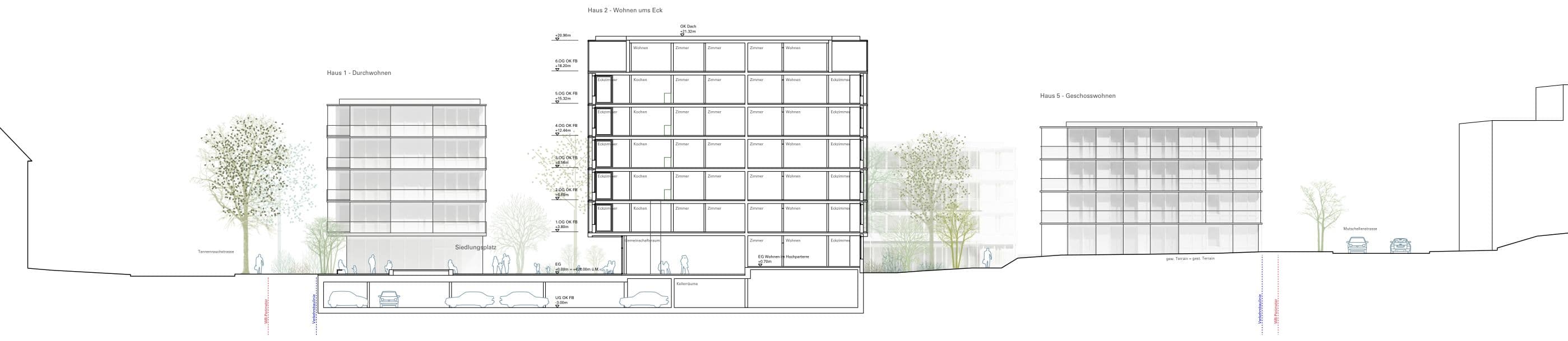 Ersatzneubau Wohnen Tannenrauchstrasse, Zürich — section, 1:200