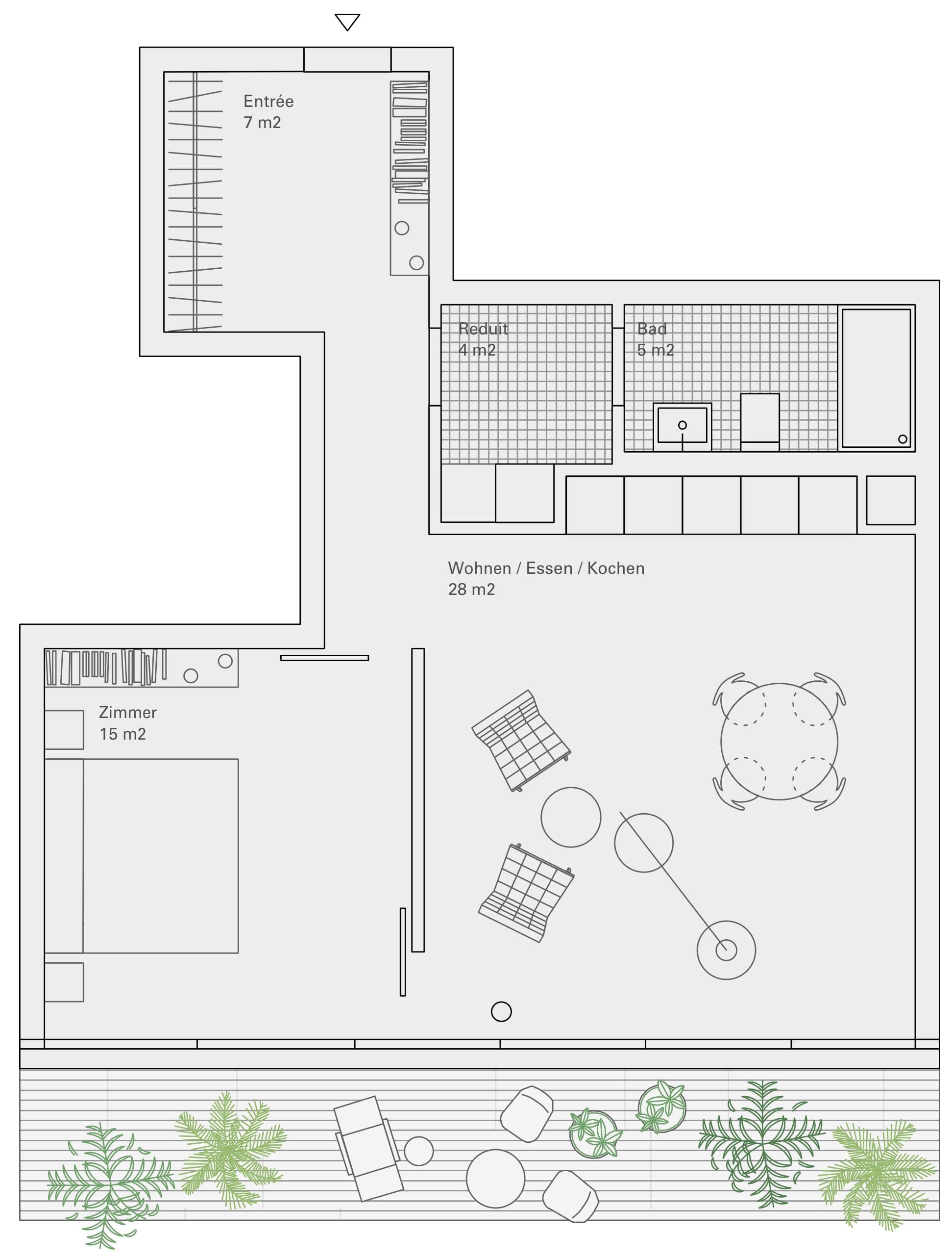 Ersatzneubau Wohnen Tannenrauchstrasse, Zürich — unit plan, 2.5-room through apartment