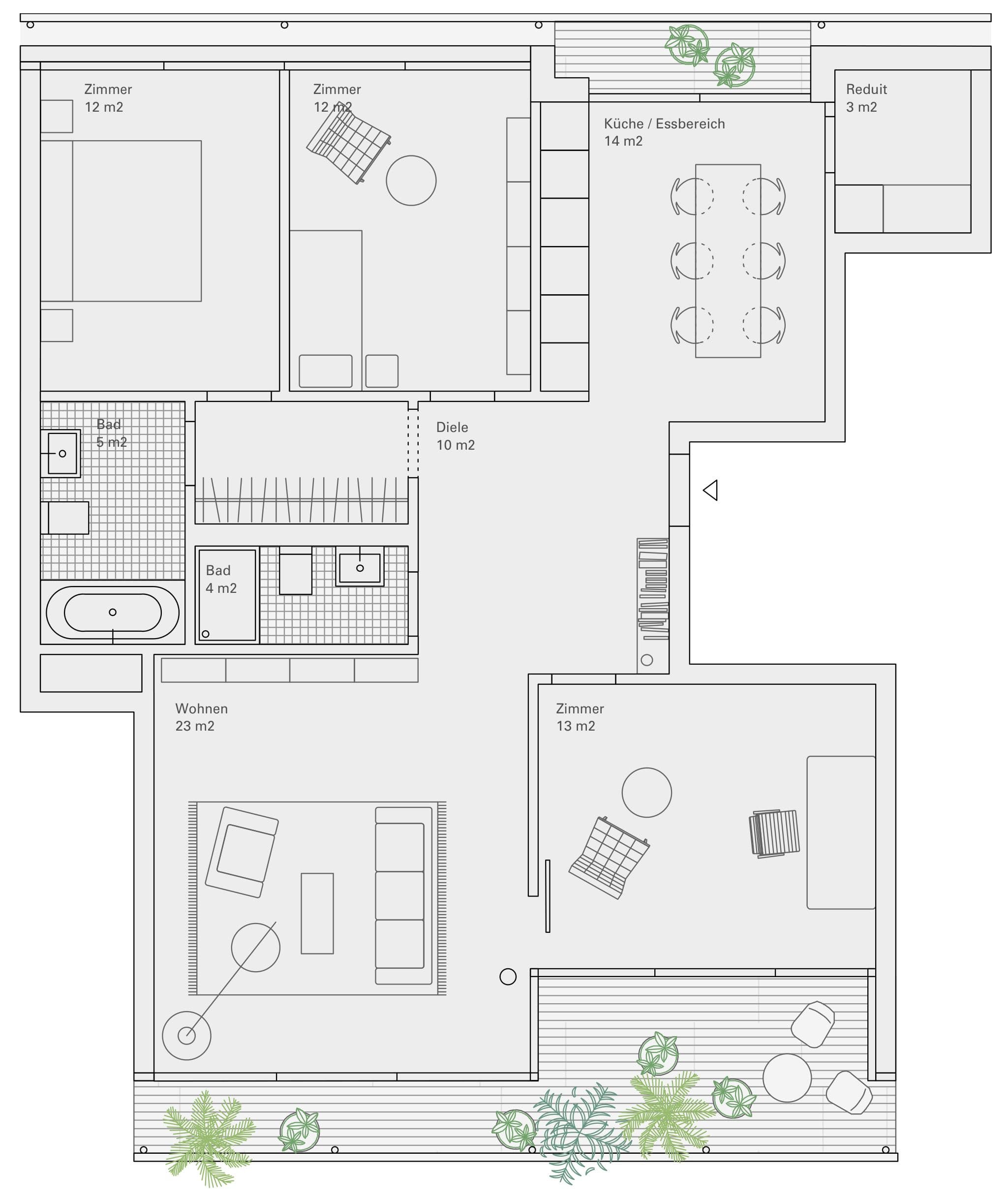 Ersatzneubau Wohnen Tannenrauchstrasse, Zürich — unit plan, 4.5-room through apartment