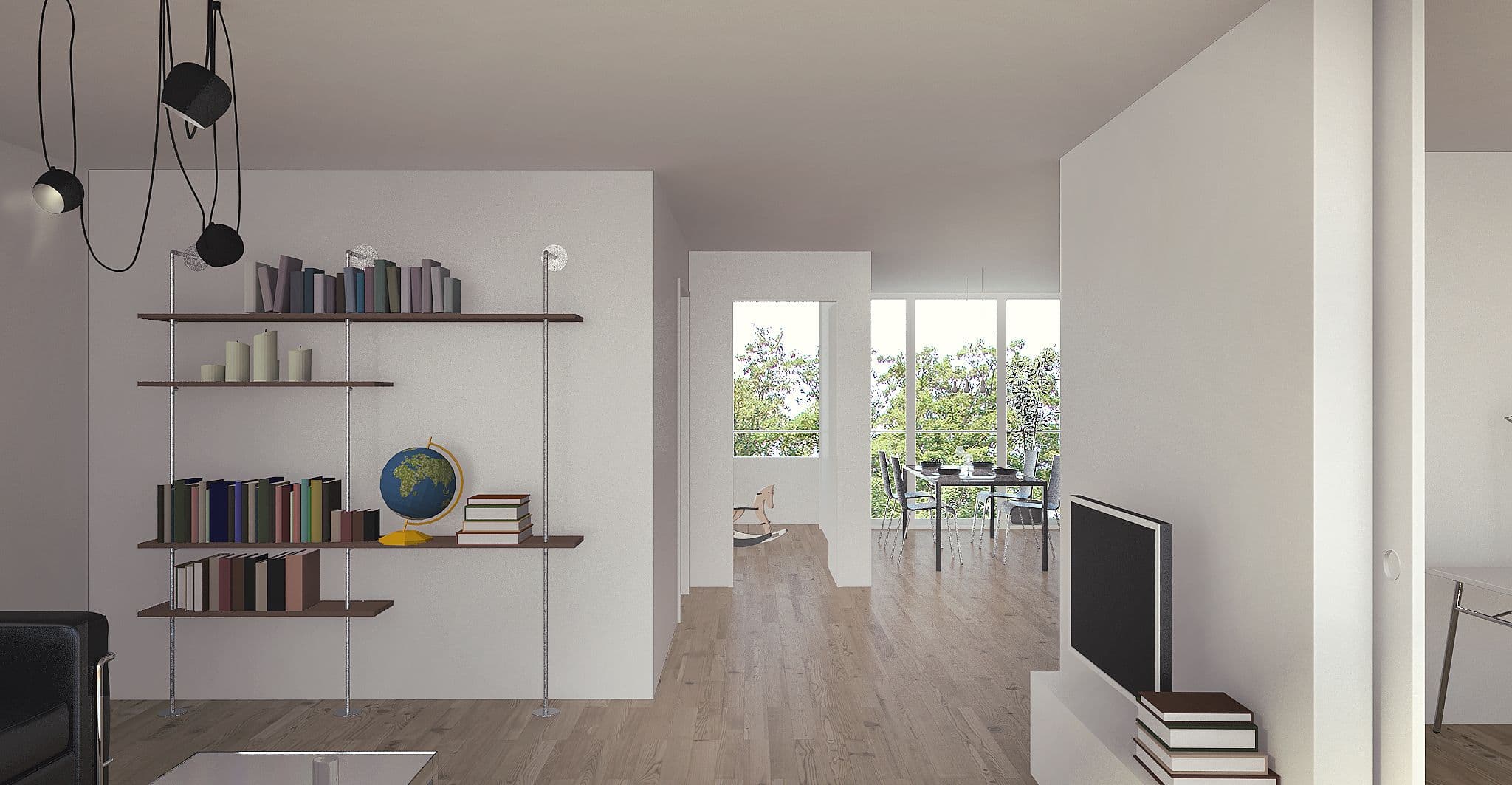 Ersatzneubau Wohnen Tannenrauchstrasse, Zürich — interior render, through apartment