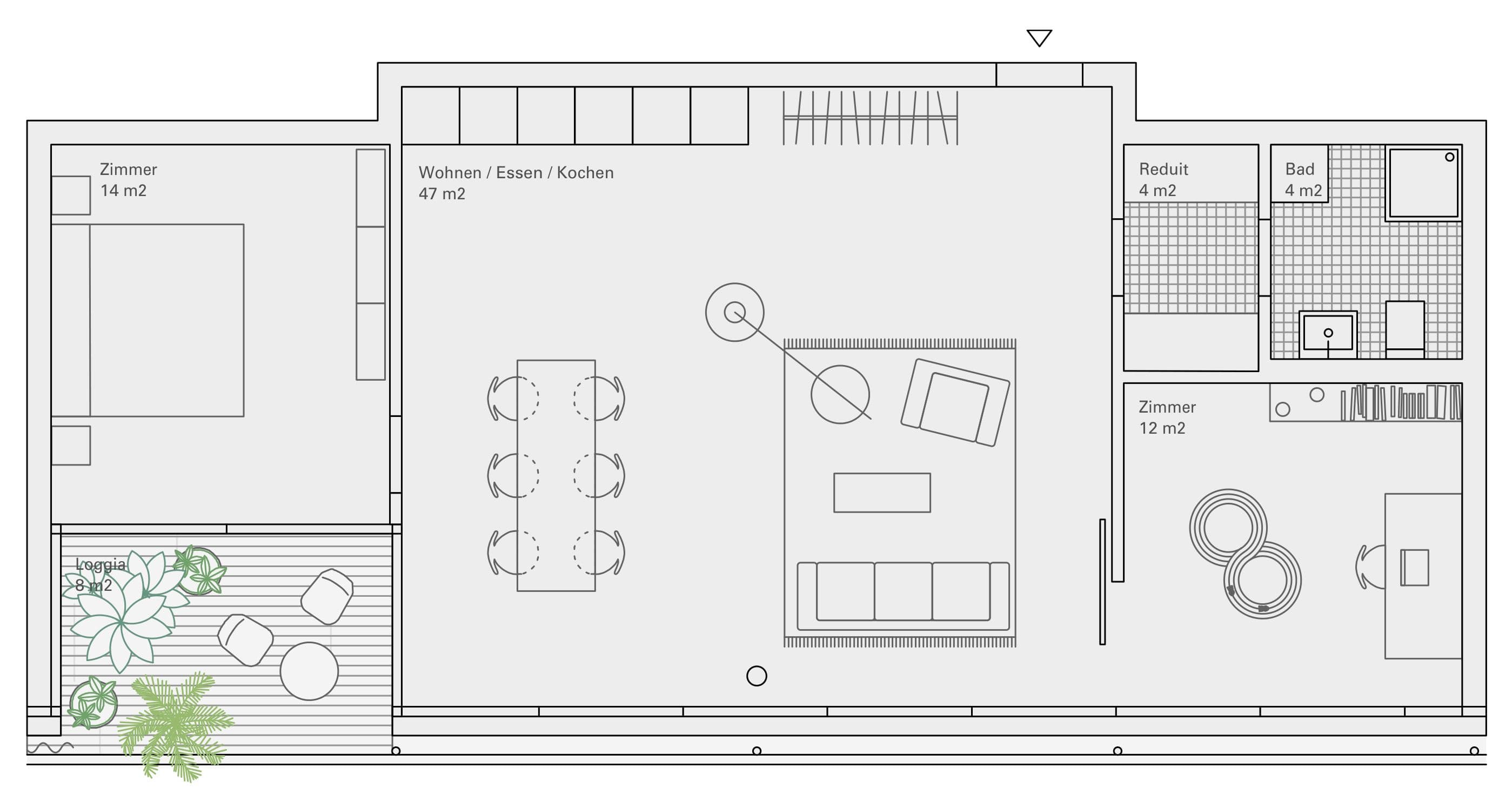 Ersatzneubau Wohnen Tannenrauchstrasse, Zürich — unit plan, 3.5-room apartment with an open kitchen