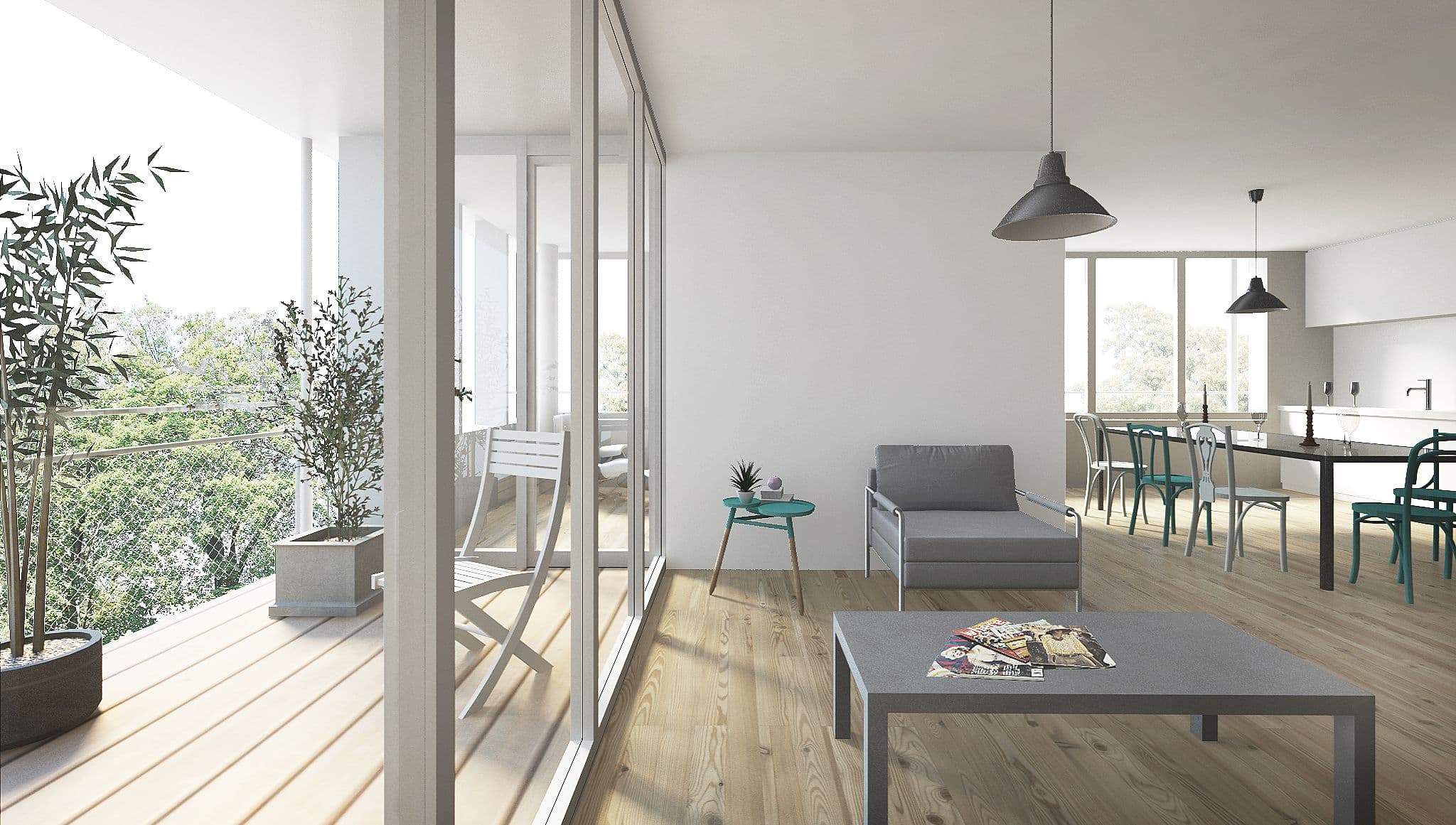 Ersatzneubau Wohnen Tannenrauchstrasse, Zürich — interior render, corner apartment