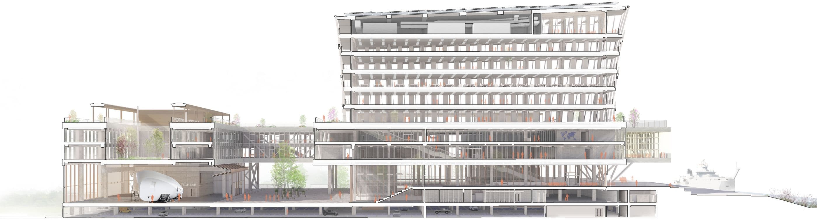 Maritime Campus Antwerp — long-section perspective