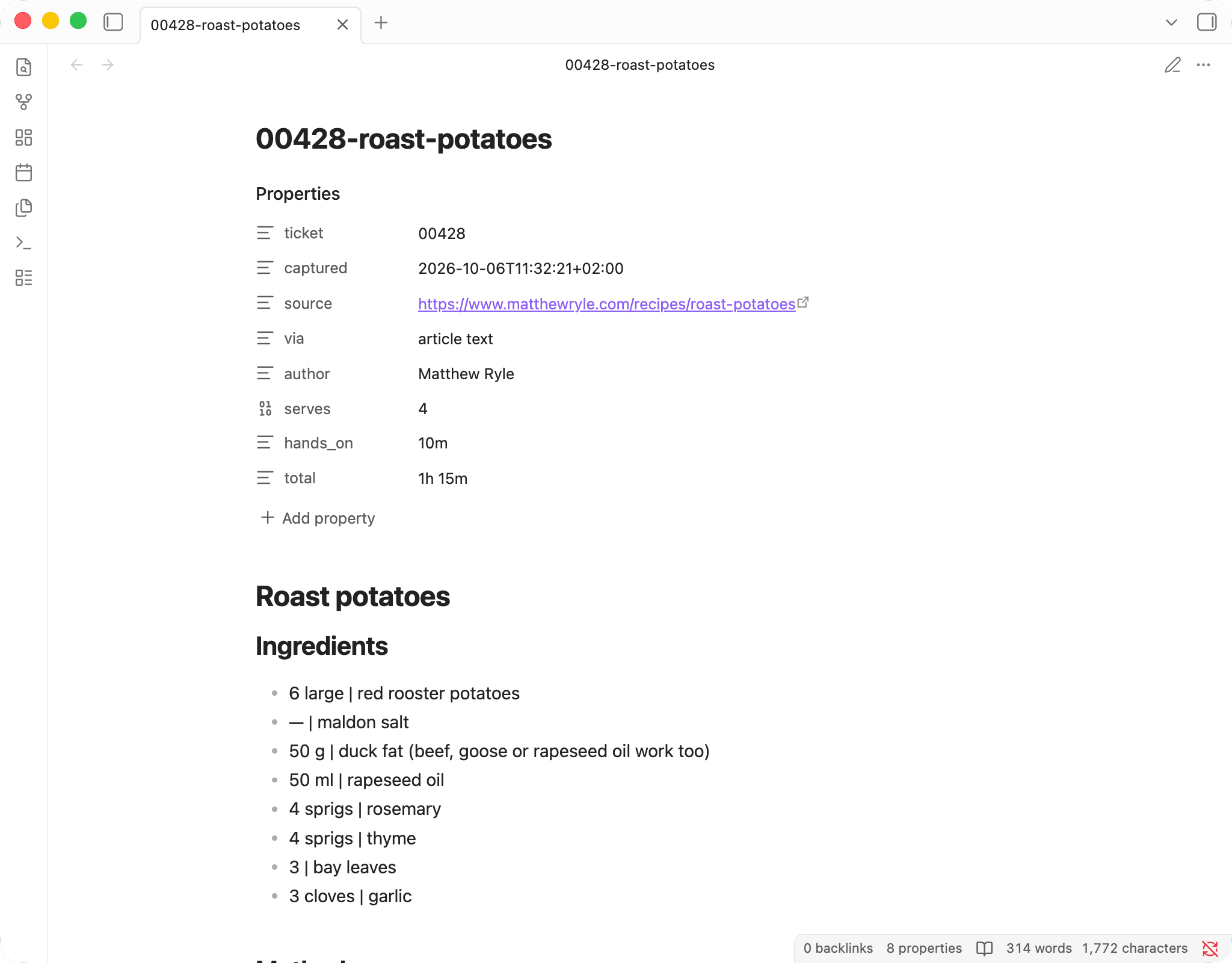 A recipe Mise saved, open in Obsidian. Its properties sit on top: ticket 00428, the source page on matthewryle.com, read as article text, author Matthew Ryle, serves 4, 10 minutes hands-on, 1 hour 15 in total. Below them the ingredients, each quantity split from its ingredient by a pipe.