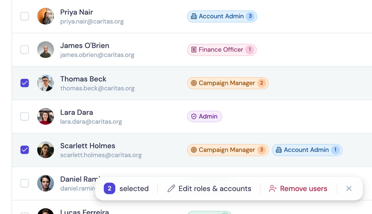 Two rows ticked in the users table, Thomas Beck and Scarlett Holmes, and a floating bar below them: 2 selected, Edit roles and accounts, Remove users.