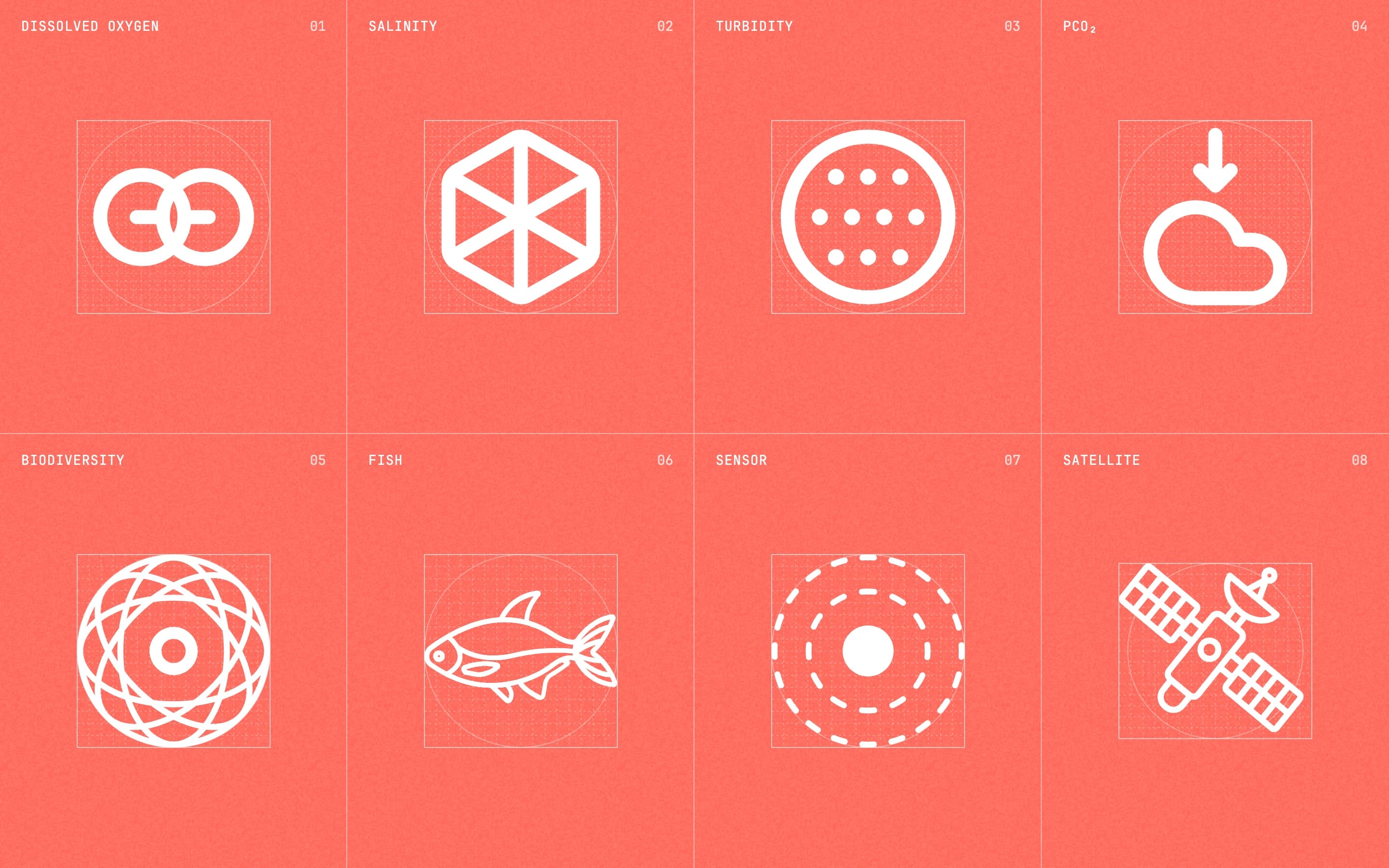 Icon spread on coral, two rows of four on guide grids: dissolved oxygen, salinity, turbidity, pCO₂, biodiversity, fish, sensor and satellite.