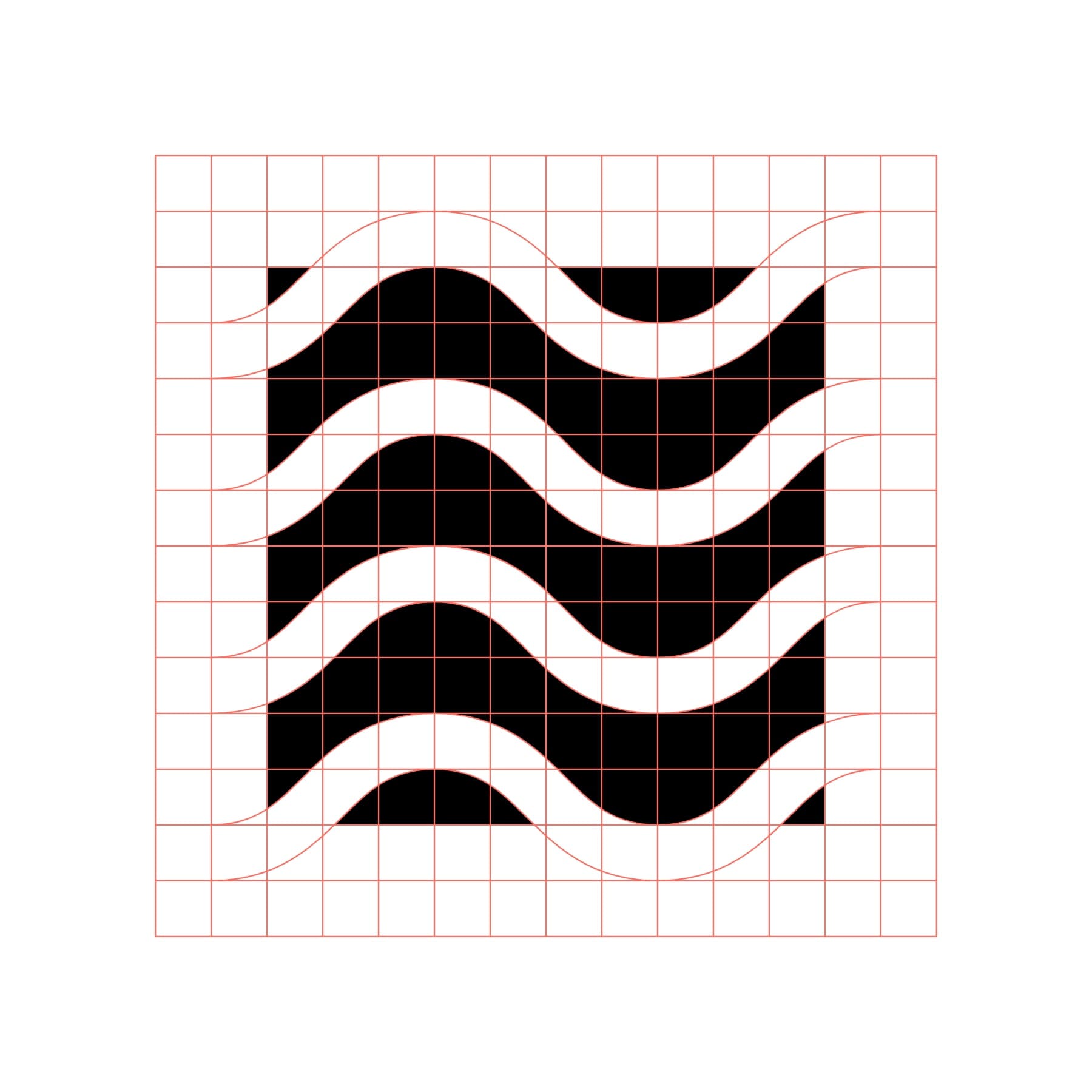 Mark construction on white: the black square of white wave bands on a grid of equal squares in coral, with each wave's curve traced past the edge of the square.